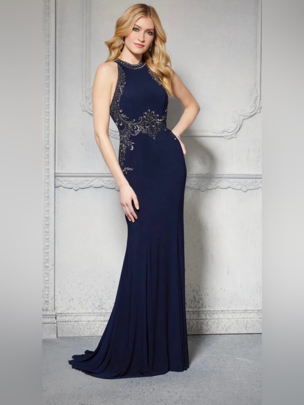 Emilia Navy Halter Evening Gown with Beaded Waist